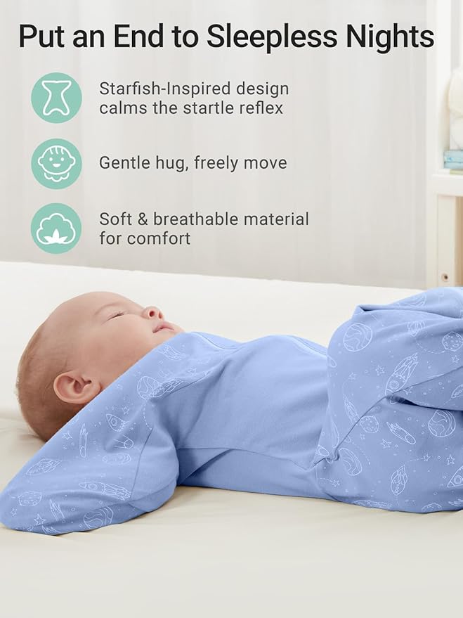 GROWNSY Transitional Swaddle Sleep Sack 6-12 Months, Starfish Design Baby Swaddle Sack, Dual-Zipper for Easy Diaper Changes, Proper Hip Development & Openable Foot Button, 19-27 lbs, Blue