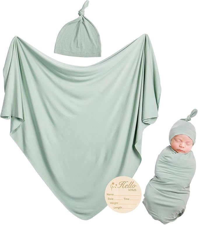Rayon Made from Bamboo Newborn Swaddle Blanket Set with Matching Beanie, Super Soft Stretchy Baby Clothes Outfit for Girl Boy, Receiving Blankets Newborn Essentials, 35 x 35 Inch