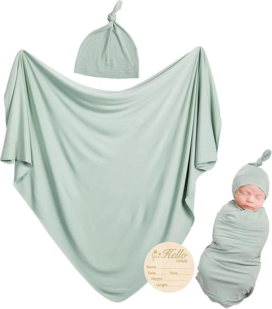 Rayon Made from Bamboo Newborn Swaddle Blanket Set with Matching Beanie, Super Soft Stretchy Baby Clothes Outfit for Girl Boy, Receiving Blankets Newborn Essentials, 35 x 35 Inch