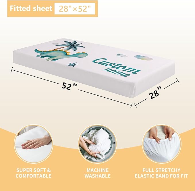 Personalized Baby Bedding Set, 3 Pcs Custom Name Crib Bedding Set for Nursery, Cute Baby Crib Set with Double Layer Blanket for Boys Girls, Customized Gifts for Infants Toddlers, Green Dino
