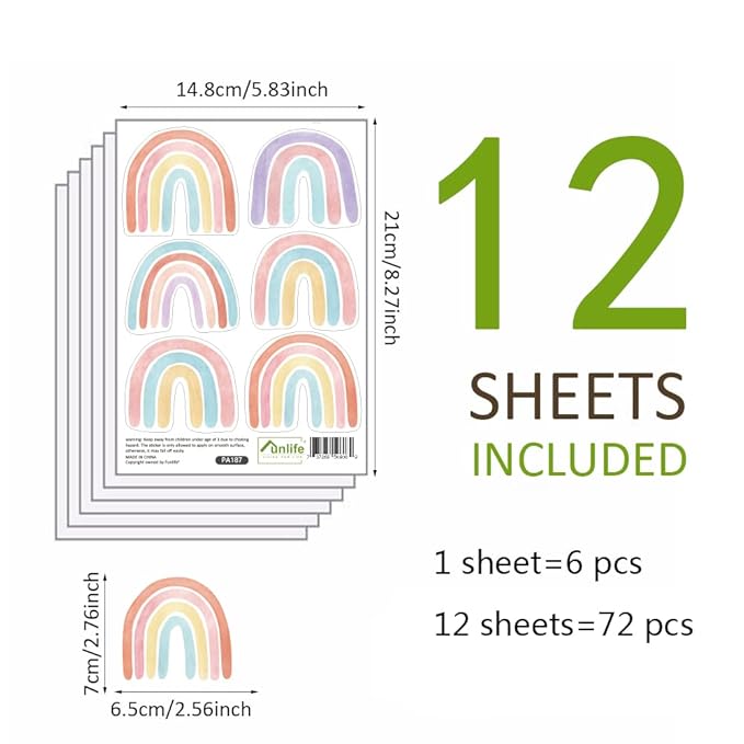 Boho Rainbow Wall Decals for Girls Bedroom 72 Pcs, Rainbow Stickers for Wall Mural Vinyl Peel and Stick DIY Decorations (12 Sheets)