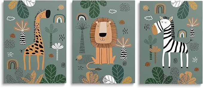 SKYSUKEY Boho Safari Nursery Prints Neutral Wall Art, Framed Green Canvas Prints, Safari Baby Animals Wall Art Set of 3, Framed, Boys Girls Kids Room Wall Decor, 12"x16"