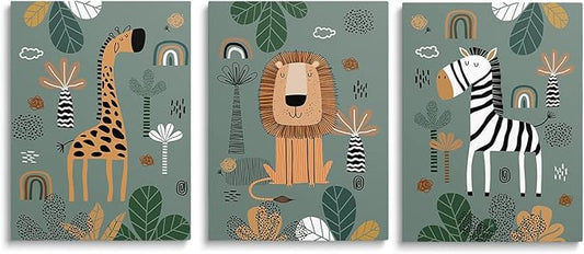 SKYSUKEY Boho Safari Nursery Prints Neutral Wall Art, Framed Green Canvas Prints, Safari Baby Animals Wall Art Set of 3, Framed, Boys Girls Kids Room Wall Decor, 12"x16"