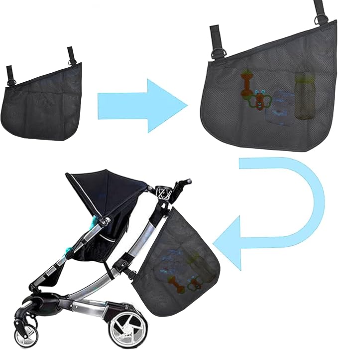 Elfzone Stroller Side Bag - Bike/Stroller Organizer, Hook & Loop Easy Attach - Mesh Design, Non-Slip Straps, mom Cozy Stroller Organizer, Stroller Accessories, Black (BLACK 2PCS)