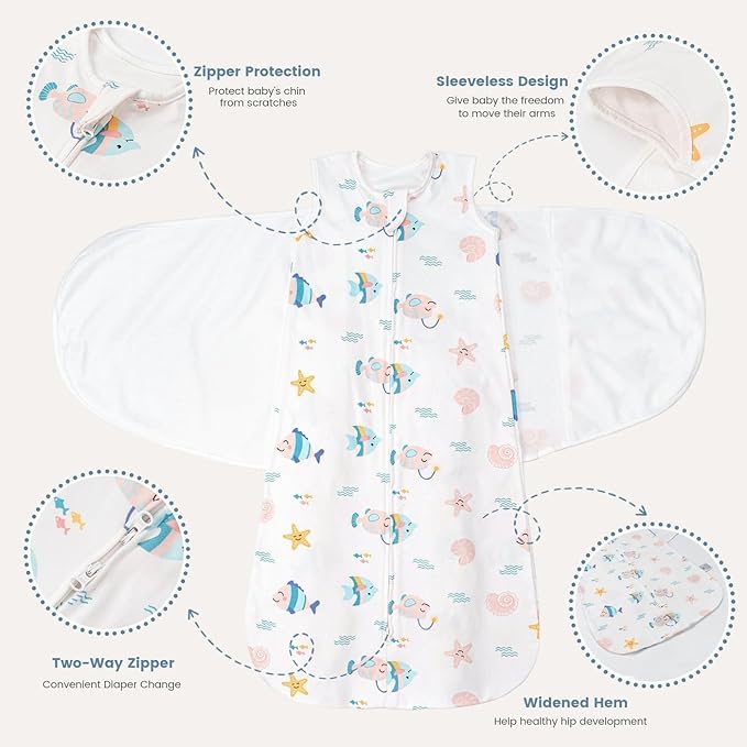 ZIGJOY Sleep Sack Swaddle 1.0 Tog Baby Wearable Blanket 100% Cotton Baby Swaddle Blanket for Newborns 0-6 Months Ocean&Pink