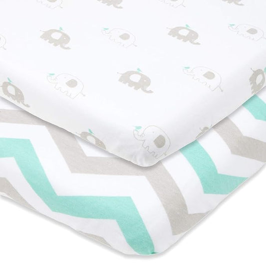 Bassinet Sheets 20x30 Inch for Graco Travel Lite Crib, Sense2Snooze, My View 4 in 1, Dream Suite and Guava Bassinet – 100% Jersey Cotton Fitted Sheets – Grey, Mint – 2 Pack