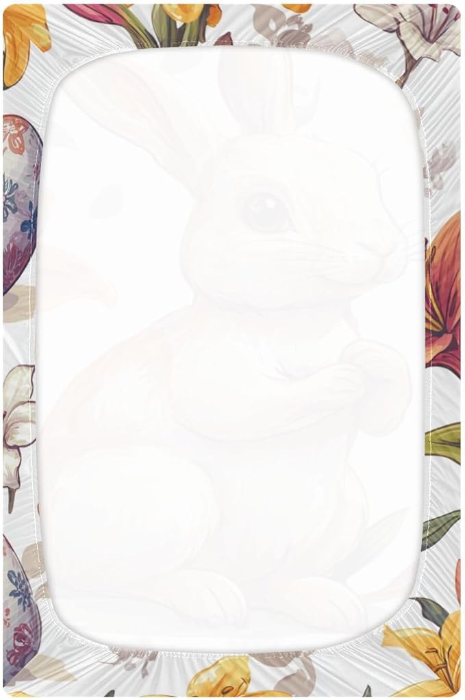 White Easter Bunny Easter Egg Lily Flower Crib Sheets Standard Crib Toddler Mattresses Cover Fitted Baby Bed Sheet Breathable Crib Mattress Sheet for Girls Boys 52" x 28"x5''