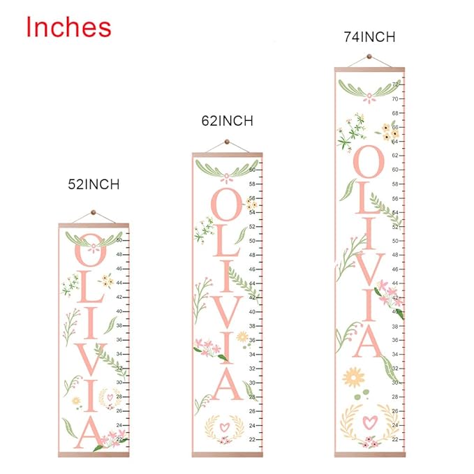 Personalized Name Kids Growth Chart Ruler Flower Dinosaur Growth Ruler Canvas Wall Ruler Oak Solar Woodland Theme Kids Height Chart Baby Wall Growth Chart with Custom Name (Flower)