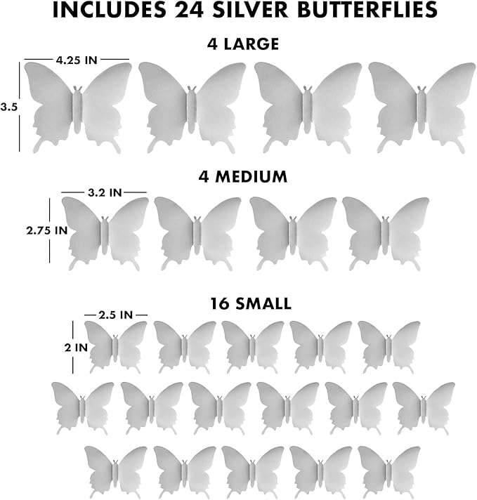 Silver Butterfly Wall Decals - 24 Pcs, Bedroom Wall Decor, Aesthetic Butterflies Stickers for Room Decor