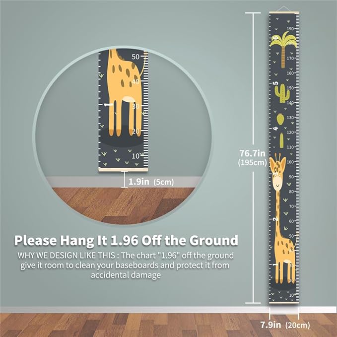 Baby Height Growth Chart - Canvas Height Chart for Kids Baby Child Toddler Boys Girls Growth Chart for Wall Room Nursery Decor Hangable and Removable Measuring Wall Ruler (Cactus Giraffe, Black Wood)