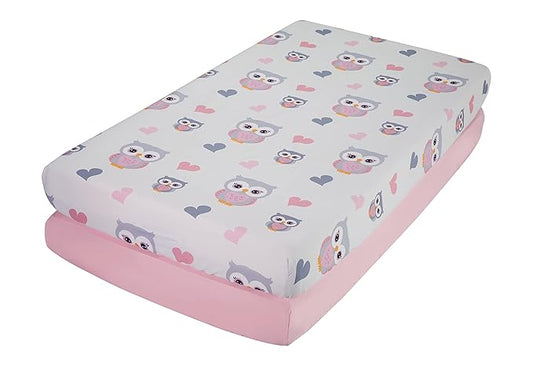 Everyday Kids 2 Pack Fitted Girls Crib Sheet, 100% Soft Breathable Microfiber Baby Sheet, Fits Standard Size Crib Mattress 28in x 52in, Nursery Sheet - Sweet Owls/Pink