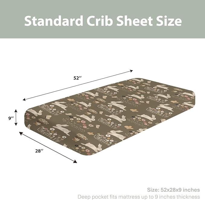 Vintage Hopping Bunnies Baby Crib Sheets for Boy Girl 52x28Inch Retro Rabbits Boho Floral Soft Stretchy Fitted Crib Mattress Cover Spring Easter Baby Sheet for Standard Crib & Toddler Mattresses