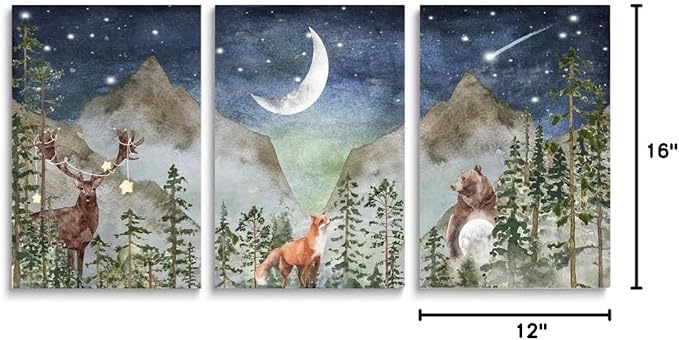 SKYSUKEY Boho Nursery Wall Decor, Wild Forest Kids Wall Art, Dark Blue Star Night Moon Netural Mountain Wall Art, Fairy Animals Nursery Decor, Nature Prints for Boy Girl, Set 3 Framed, 12"x16"