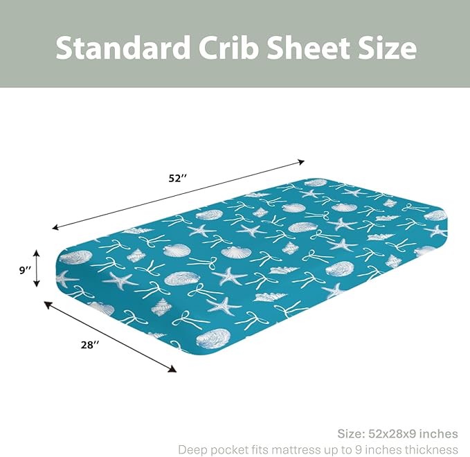 Summer Conches Bows Sea Baby Crib Sheets for Boy Girl 52"x28" Ocean Seashells Beach Soft Snug Fitted Crib Mattress Covers Boho Nautical Life Baby Sheet for Standard Crib and Toddler Bed Mattress Blue