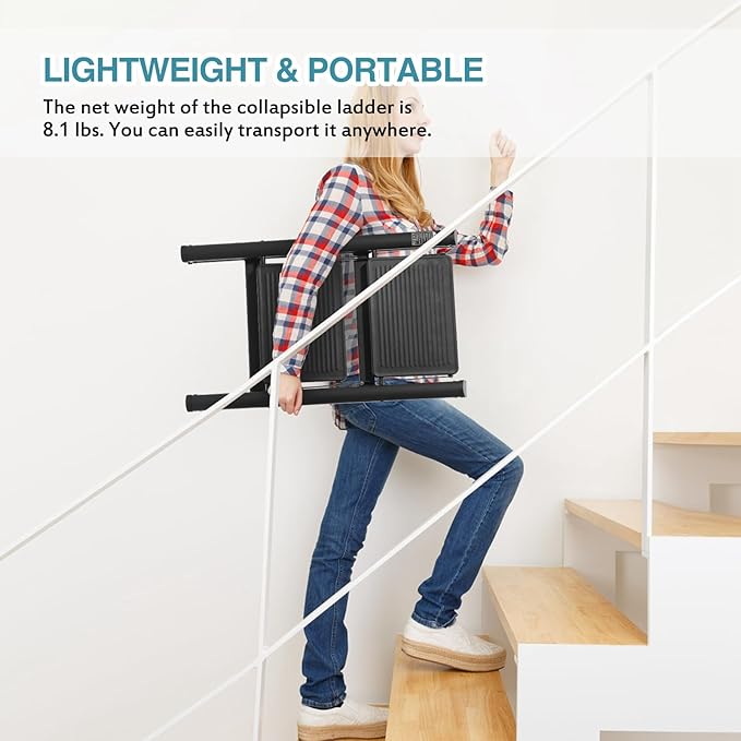 BOCOM 2 Step Ladder, Lightweight Portable Foldable Collapsible Folding Sturdy Iron Metal Step Stool with Anti-Slip Wide Pedal, Heavy Duty 330 lbs Capacity, for Home, Kitchen, Closet, Adults, Black