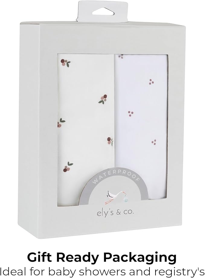 Ely's & Co. Patent Pending Waterproof Crib Sheets, 100% Cotton with Waterproof Lining - Built in Mattress Protector, 2 Pack Fitted Crib Sheet Set, Berry and Cluster Dot (Lavender) 28” x 52”