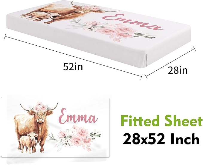 Personalized Crib Bedding Set for Boys Girls, Custom Baby Crib Sets with Name, Pink Highland Cow Design Nursery Bedding 2 Piece - Soft Blanket with Double Layer Dotted Backing, Crib Fitted Sheet