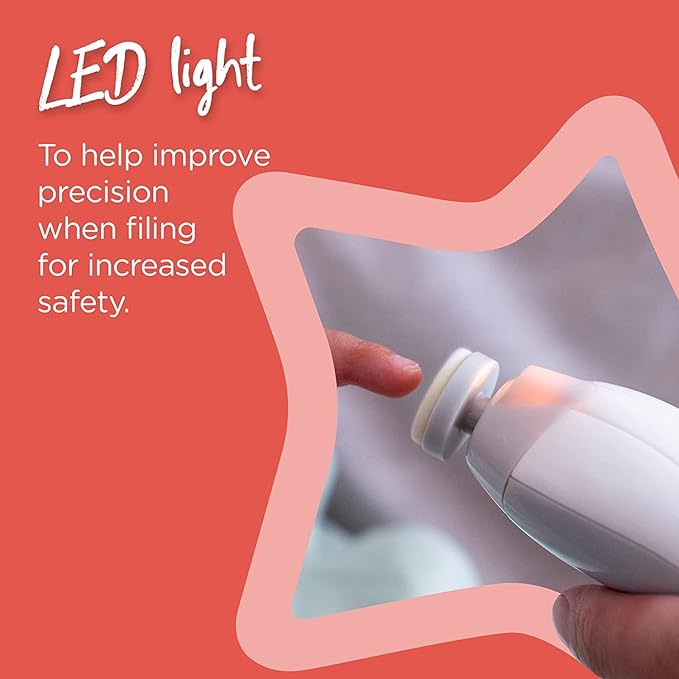 Tommee Tippee Electric Baby Nail File, with Six Filing Heads for Baby and Adult Use, Battery-Powered Infant Nail Clipper with LED Light and Adjustable Speed and Direction Settings