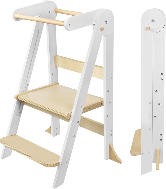 Foldable Toddler Step Stool for Kitchen - Adjustable Wooden Kitchen Helper with Safety Rail & Anti-Tip Feet, Montessori Counter Standing Tower for Kids 2-6 Years (White)