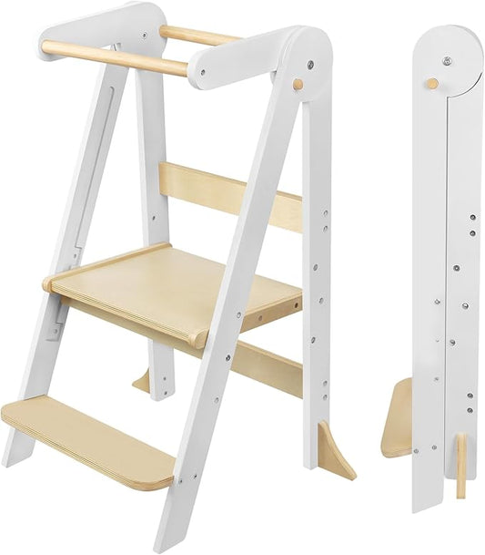 Foldable Toddler Step Stool for Kitchen - Adjustable Wooden Kitchen Helper with Safety Rail & Anti-Tip Feet, Montessori Counter Standing Tower for Kids 2-6 Years (White)