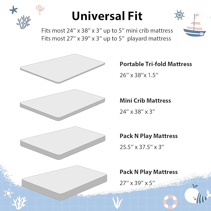 Baby Mini Crib Sheets Boy, Portable 38”x26” Pack and Play Sheets Fitted for Playard and Pack N Play Mattress, 3-Pack Soft Microfiber Blue Ocean Whale