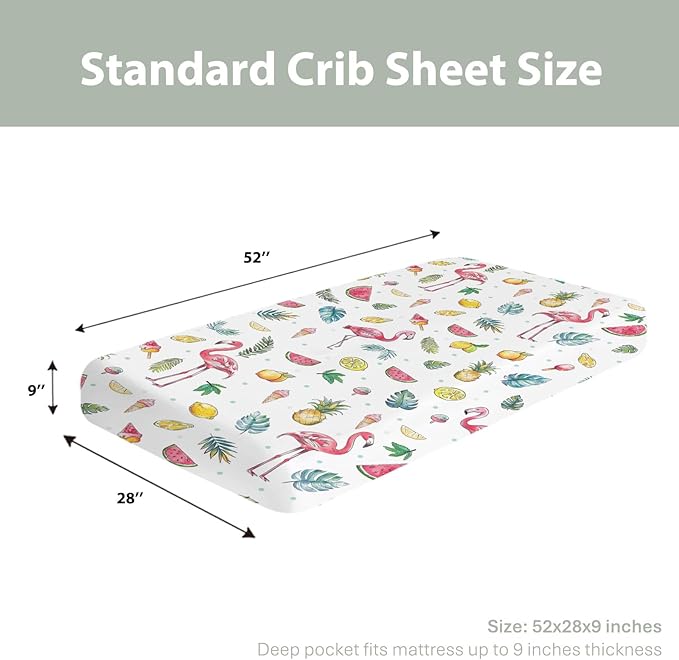 Pink Flamingo Tropical Flowers Leaves Baby Crib Sheets for Boy Girl 28"x52" Summer Birds Fruits Soft Snug Fitted Crib Mattress Cover Beach Vacation Baby Sheet for Standard Crib & Toddler Bed Mattress