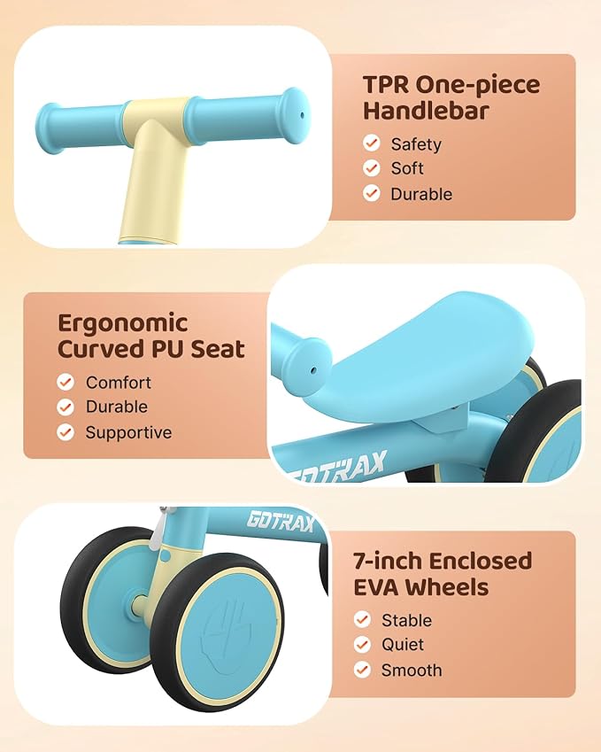 Gotrax Baby Balance Bike 1-2 Years, 7" Front & Rear Silent Wheels, Sturdy Steel Frame 66 lbs Load, Quick 2-Min Assembly, CPC Certified, Comfortable Soft Seat, Toddler Birthday Gift for Boys&Girls Blue