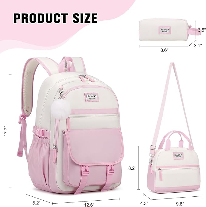 Bevalsa Backpack for Girls, School Backpacks for Girls, Kids Backpack with Lunch Box & Pencil Pouch for Teens Girl Kids Elementary Middle High School College Student Bookbag Daypack (Pink Beige)