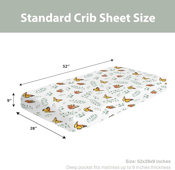 Butterflies Green Leaves Baby Crib Sheets for Boy Girl 52x28Inch Spring Garden Soft Stretchy Fitted Crib Mattress Cover Boho Greenery Nursery Baby Sheet for Crib & Toddler Bed Mattresses