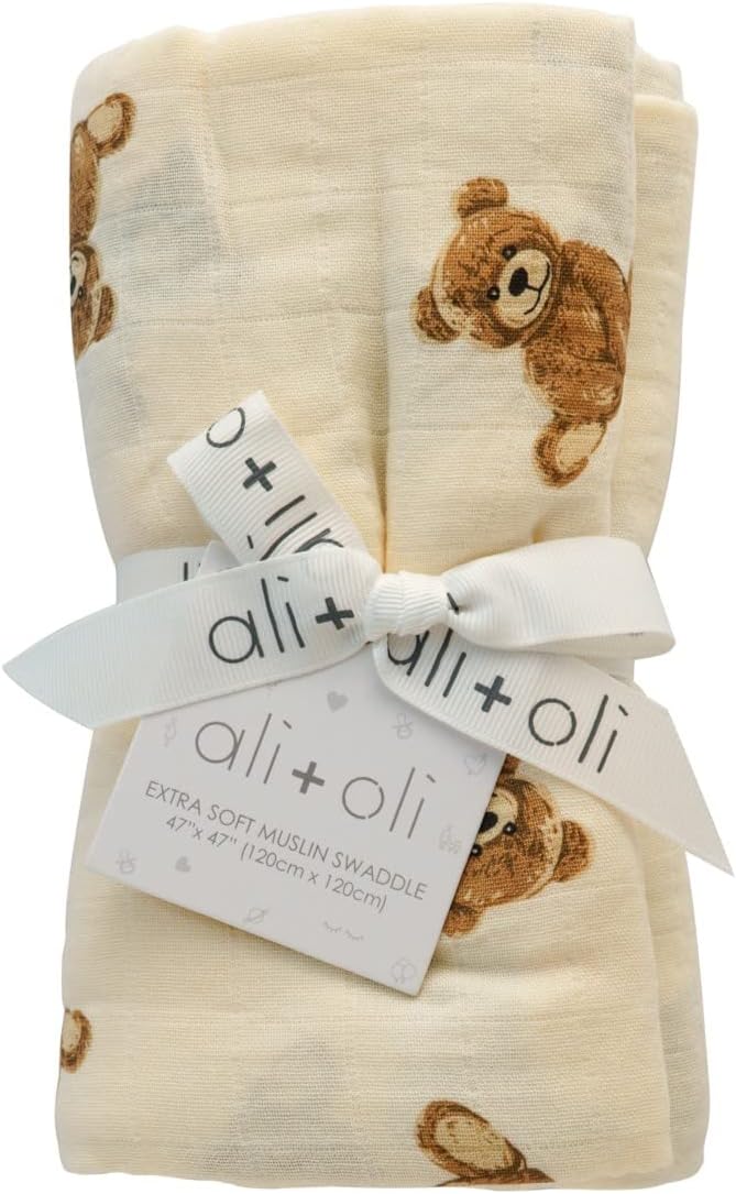 Ali+Oli Muslin Swaddle Blanket for Baby (Teddy Bear) Large 47" x 47" Soft Rayon Made from Bamboo & Organic Cotton, Machine Washable Receiving Blanket Wrap for Newborn to Toddler