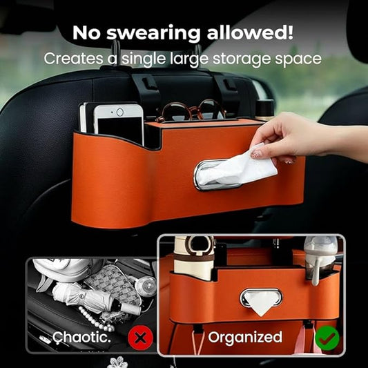 asfanst 3-in-1 Car Backseat Organizer with Cup Holder, Tissue Box, and Hooks, Multifunctional Back Seat Storage for Phones, Snacks, Drinks, and Handbags (1, Orange)