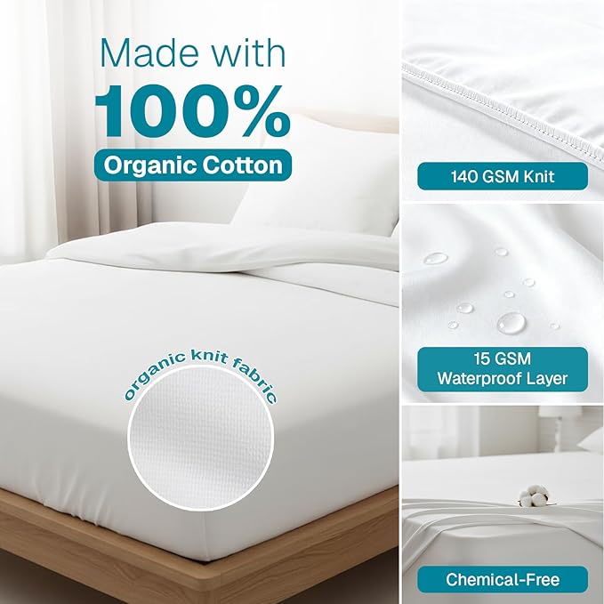FABDREAMS Organic Waterproof Mattress Protector Queen Size|Queen Mattress Cover| Size Mattress Encasement| Fits up to 17" Deep Pocket|Temperature Regulating | Breathable| White