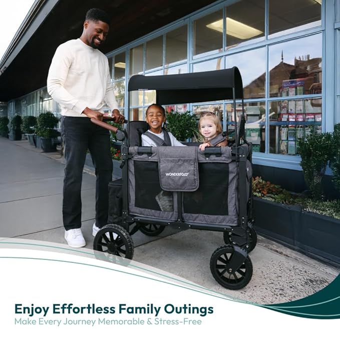 WONDERFOLD W2 Luxe Pro Stroller Wagon (2 Seater) - Collapsible Wagon Stroller with Seats Featuring 5-Point Safety Harnesses and Adjustable Sun Canopy, Charcoal Gray