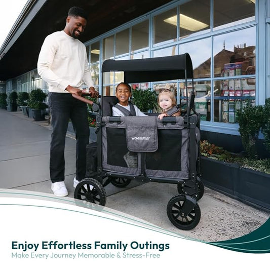 WONDERFOLD W2 Luxe Pro Stroller Wagon (2 Seater) - Collapsible Wagon Stroller with Seats Featuring 5-Point Safety Harnesses and Adjustable Sun Canopy, Charcoal Gray