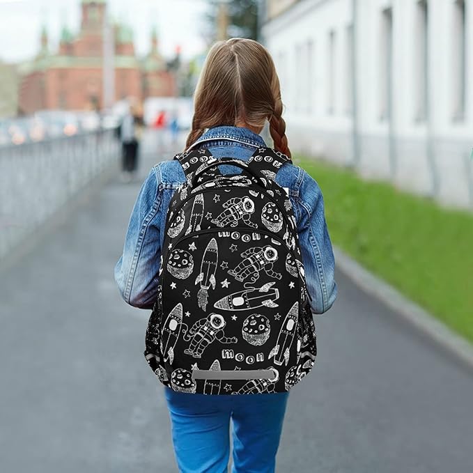 MNSRUU School Backpack with Chest Strap, Cartoon Astronaut Planet And Rocket Laptop Backpack, Travel Hiking Backpack for Boys Girls, Rucksack, Knapsack