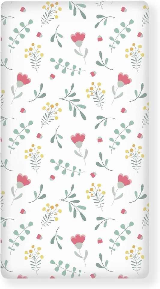 Floral Pattern Flowers and Leaves Fitted Crib Sheet Tulip Flower Baby Crib Sheet Fit Standard Crib and Toddler Mattress,Crib Mattress Sheets for Boys Girls 28"x52"