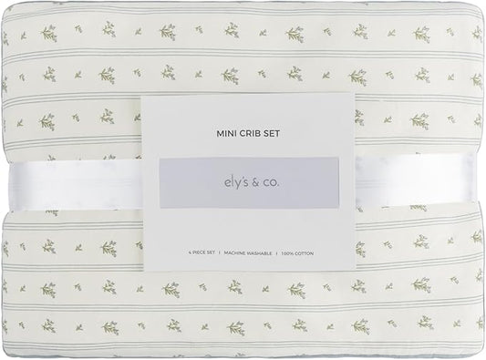 Ely's & Co. Mini Crib Bedding Set for Boys, 4 Piece Set Includes – 1 Fitted Mini Crib Sheet, Quilted Comforter and Decorative Pillowcase with Insert, Blue Linear Berry Collection