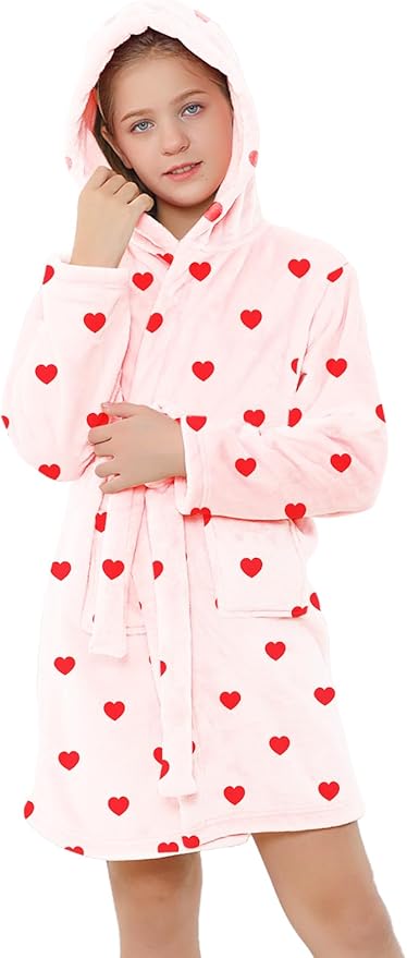 Umeyda Girls & Women Fleece Hooded Robes, Soft Fuzzy Bathrobe Warm Plush Fluffy Bath Robe for Kids Womens