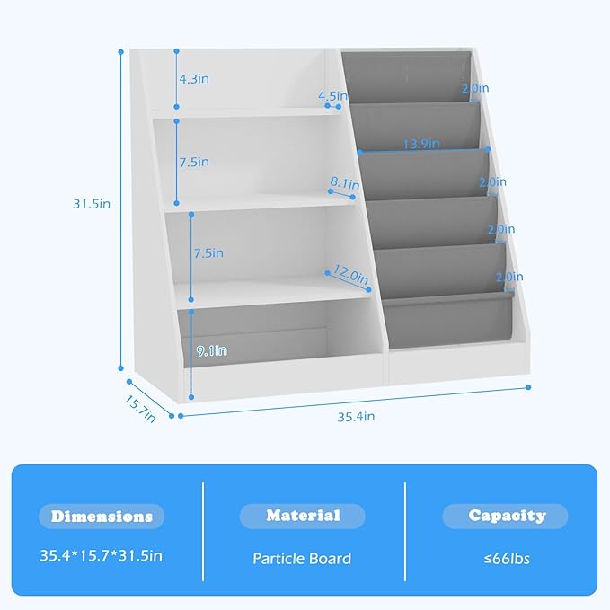 HedoAjim 4 Tier Kids Wooden Bookshelf, 5 Layer Sling Toddler Bookcase,Baby Storage Book Rack,Book and Toy Organizer Cabinet,Children Book Display,Playroom Nursery Classroom Kid Room