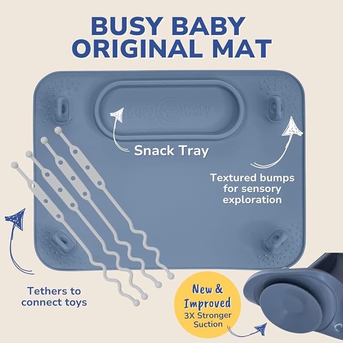 BUSY BABY Silicone Mat Bundle - 1 Original Mat Plus 1 Mini Mat, New Stronger Suction Cups, 6 Straps to Secure Baby Essentials and Keep Them Off The Floor, Baby Led Weaning, Wet Bag Included (Tan)