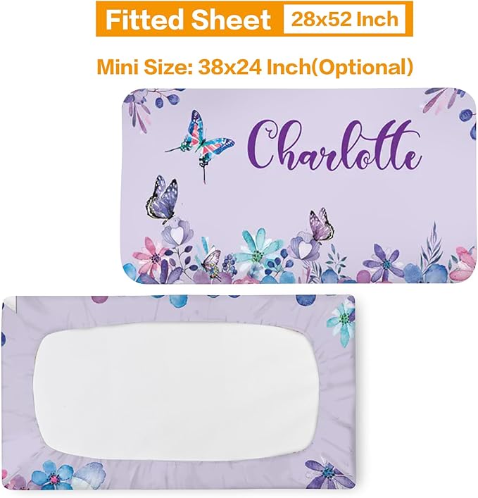 Custom Baby Bedding Set, Personalized Purple Butterfly Bedding, Baby Blanket Fitted Sheet Changing Cover Nursery Rug Room Decor Gift Idea