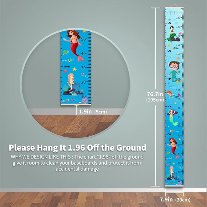 Baby Height Growth Chart - Canvas Height Chart for Kids Baby Child Toddler Boys Girls Growth Chart for Wall Room Nursery Decor Hangable and Removable Measuring Wall Ruler (Mermaid, Beige Wood)