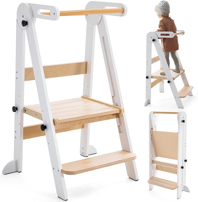 Gewitt Foldable Toddler Kitchen Stool Helper - Adjustable Height Toddler Standing Tower, Kids Helper Stool with Safty Rail for Kitchen Counter Bathroom (White)