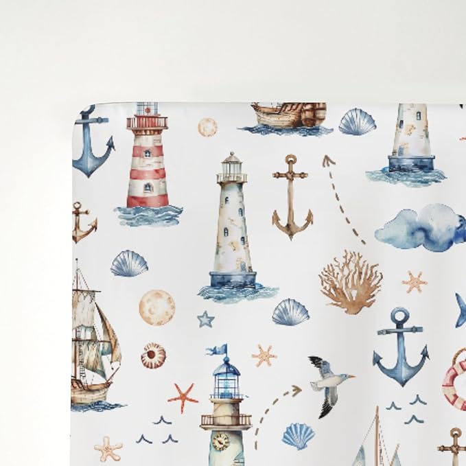 Sailing Adventure Baby Crib Sheets for Boy Girl 28"x52" Sea Lighthouse Ship Anchors Whale Shells Soft Snug Fitted Crib Mattress Cover Beach Summer Baby Sheet for Standard Crib & Toddler Bed Mattress