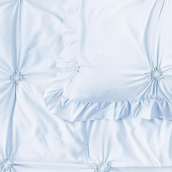 Wowelife Boho Tufted Toddler Bedding Set for Girls, 4 Pcs Ruffle Floral Crib Bed Sheets Set, Jacquard Embroidery Toddler Comforter Set Includes Comforter, Fitted Sheet, Top Sheet and Pillowcase, Blue
