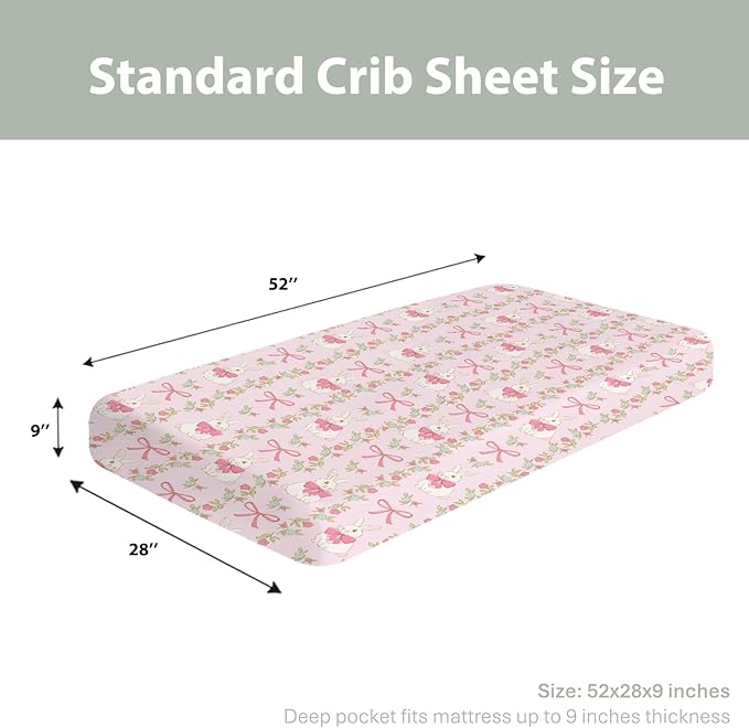Preppy Bunny Easter Baby Crib Sheets for Boy Girl 52"x28" Pink Easter Rabbits Bows Floral Soft Stretchy Fitted Crib Mattress Cover Spring Garden Baby Sheet for Standard Crib and Toddler Bed Mattress