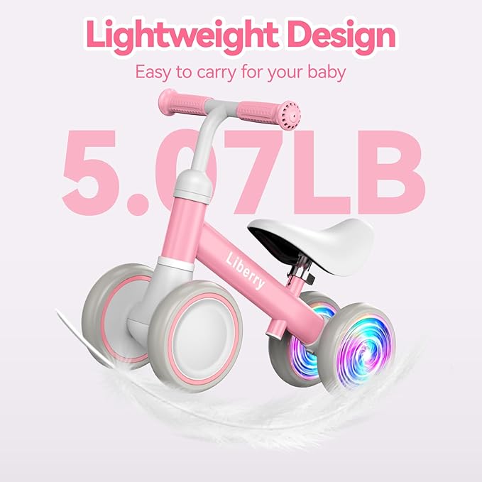 Liberry Light-Up Baby Balance Bike with Adjustable Seat, Toddler First Ride-On Toy for 1-2 Year Old, Girls Birthday Gift
