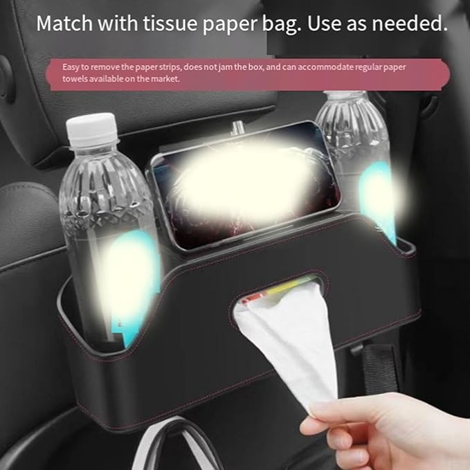 3-in-1 Car Backseat Organizer, Multifunctional Car Back Seat Storage, Car Backseat Storage Box with Drink Cup Holder Tissue Box, for Hold Phone,Snacks, Drinks, Handbag (WHITE)