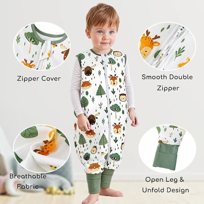 Toddler Sleep Sack with Feet 4-5 T, 1.0 TOG Cotton Baby Wearable Blanket with Legs, Sleep Bag Walker with 2-Way Zipper, Forest Animals+Green