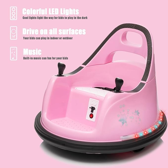 FINITO 12V Ride On Electric Bumper Car for Toddlers with Remote Control, 360 Degree Spin, LED Lights, Music, Safety Belt for Age 3+ Years Kids, Gift for Boys and Girls, Pink